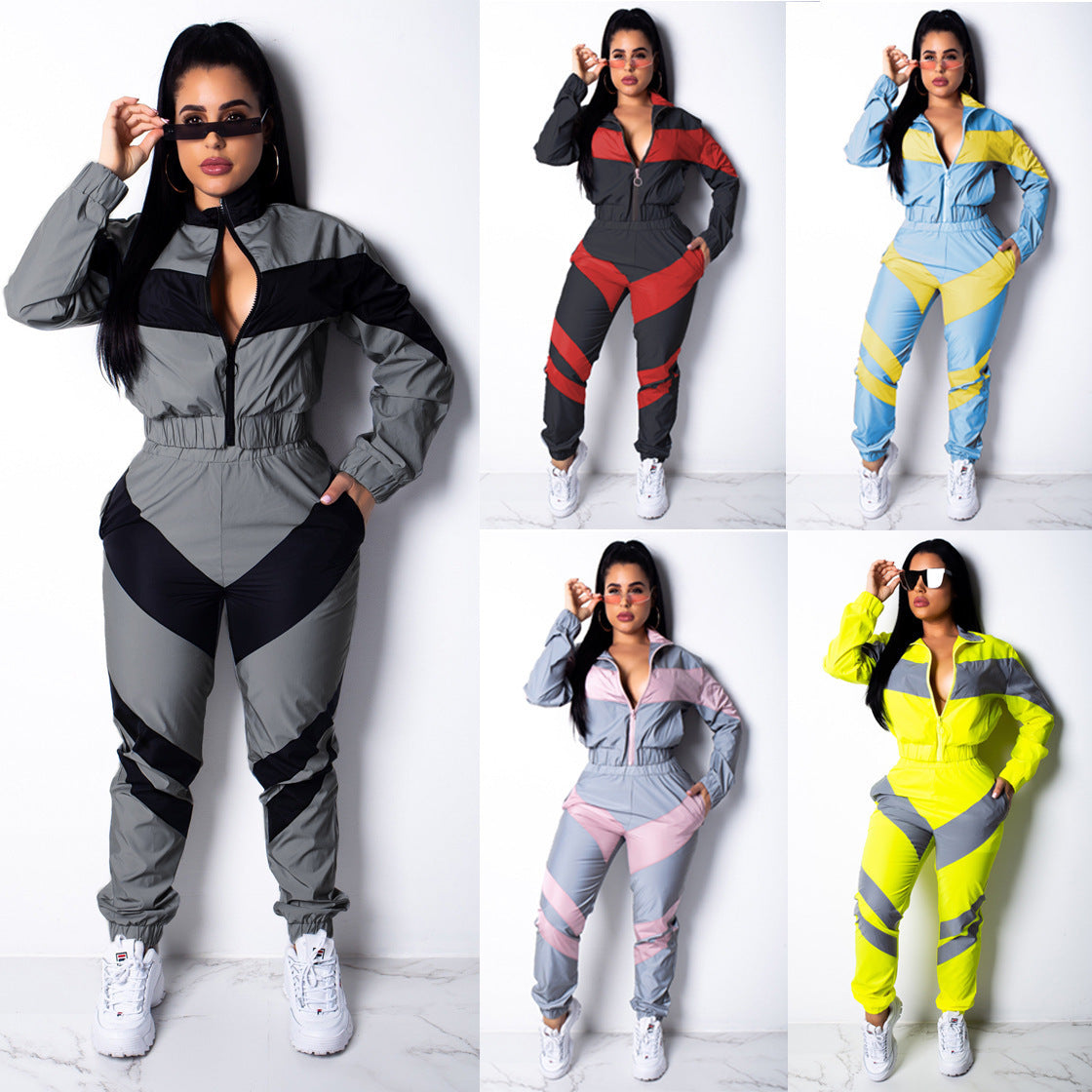 Damen Sportlicher Jumpsuit mit stylischen Farbblockelementen und hohem Kragen Stalluxe