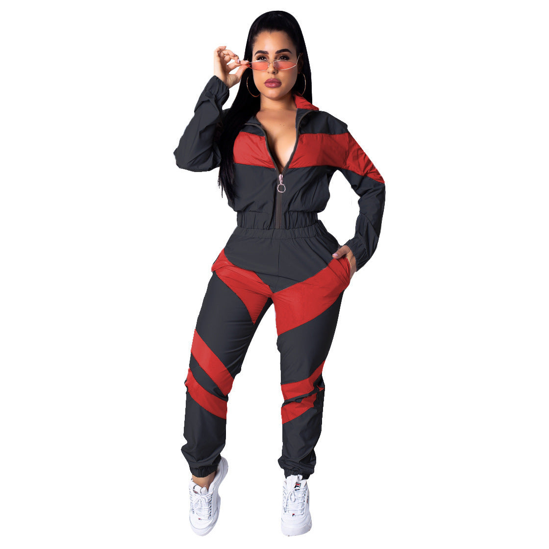 Damen Sportlicher Jumpsuit mit stylischen Farbblockelementen und hohem Kragen Stalluxe