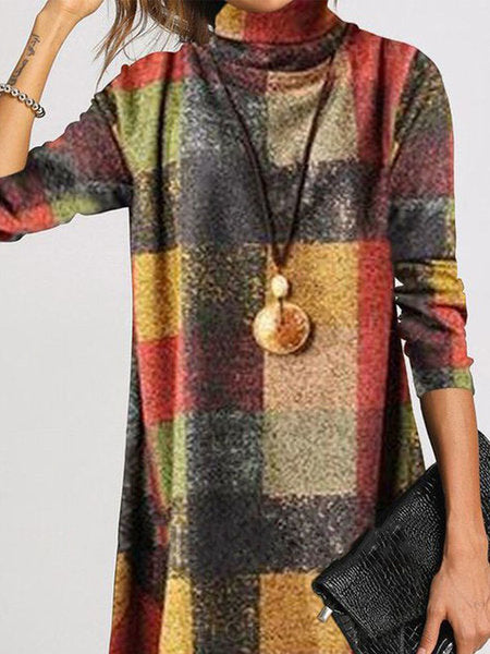 Damen trendiges Karo-Kleid mit hohem Kragen Stalluxe