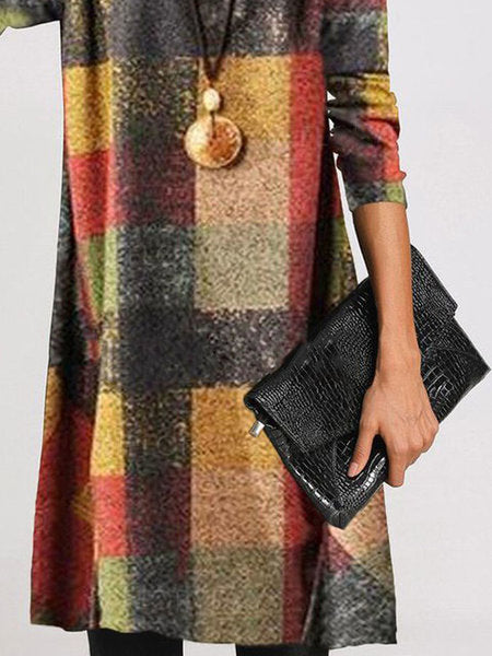 Damen trendiges Karo-Kleid mit hohem Kragen Stalluxe