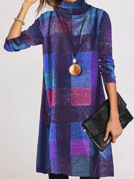 Damen trendiges Karo-Kleid mit hohem Kragen Stalluxe