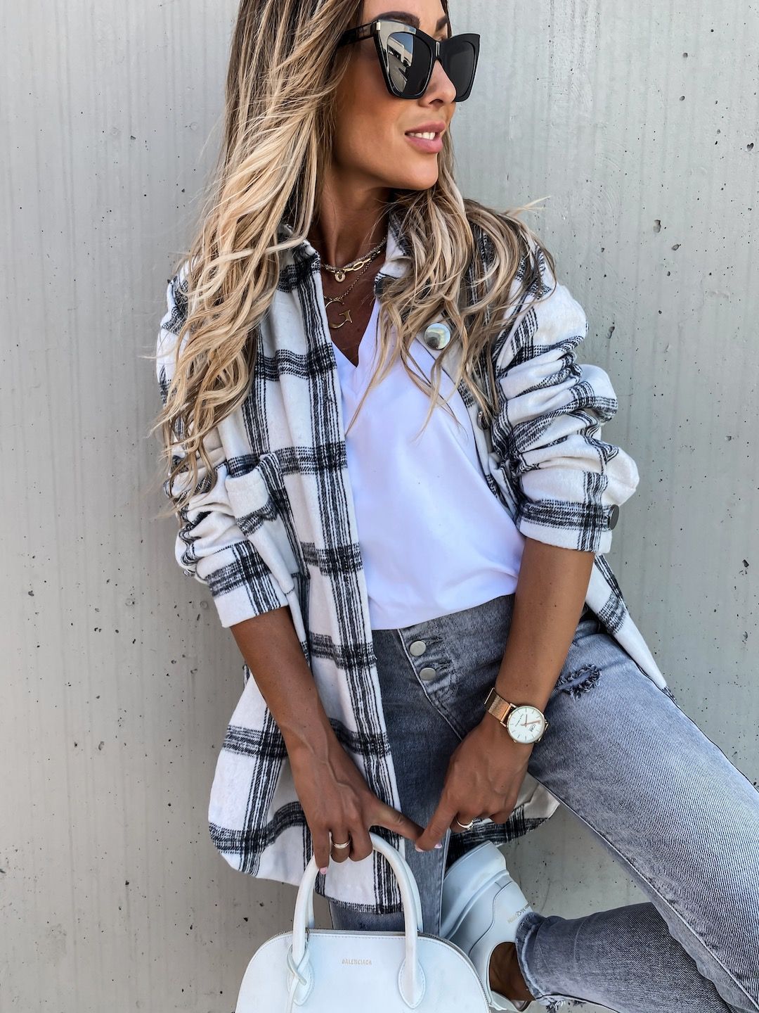 Damen Lässiges Karo-Hemdjacke mit Knopfleiste Stalluxe