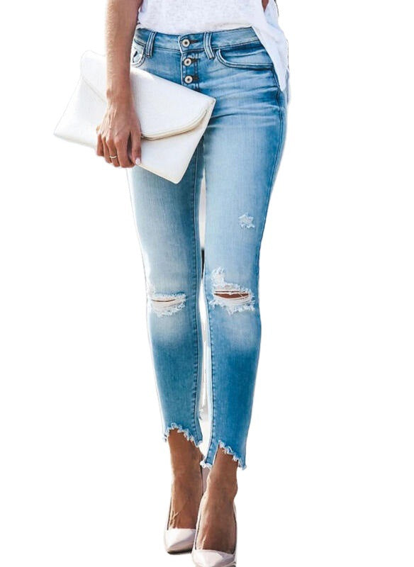 Damen hochgeschnittene Ripped Jeans im modernen Design mit Knopfleiste Stalluxe