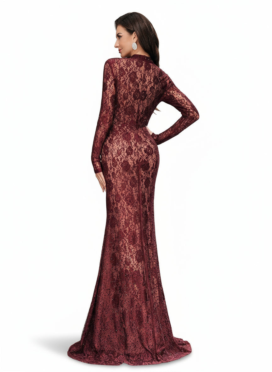 Stalluxe | Funkelndes Abendkleid aus Spitze mit Strass und Stehkragen, Langarm