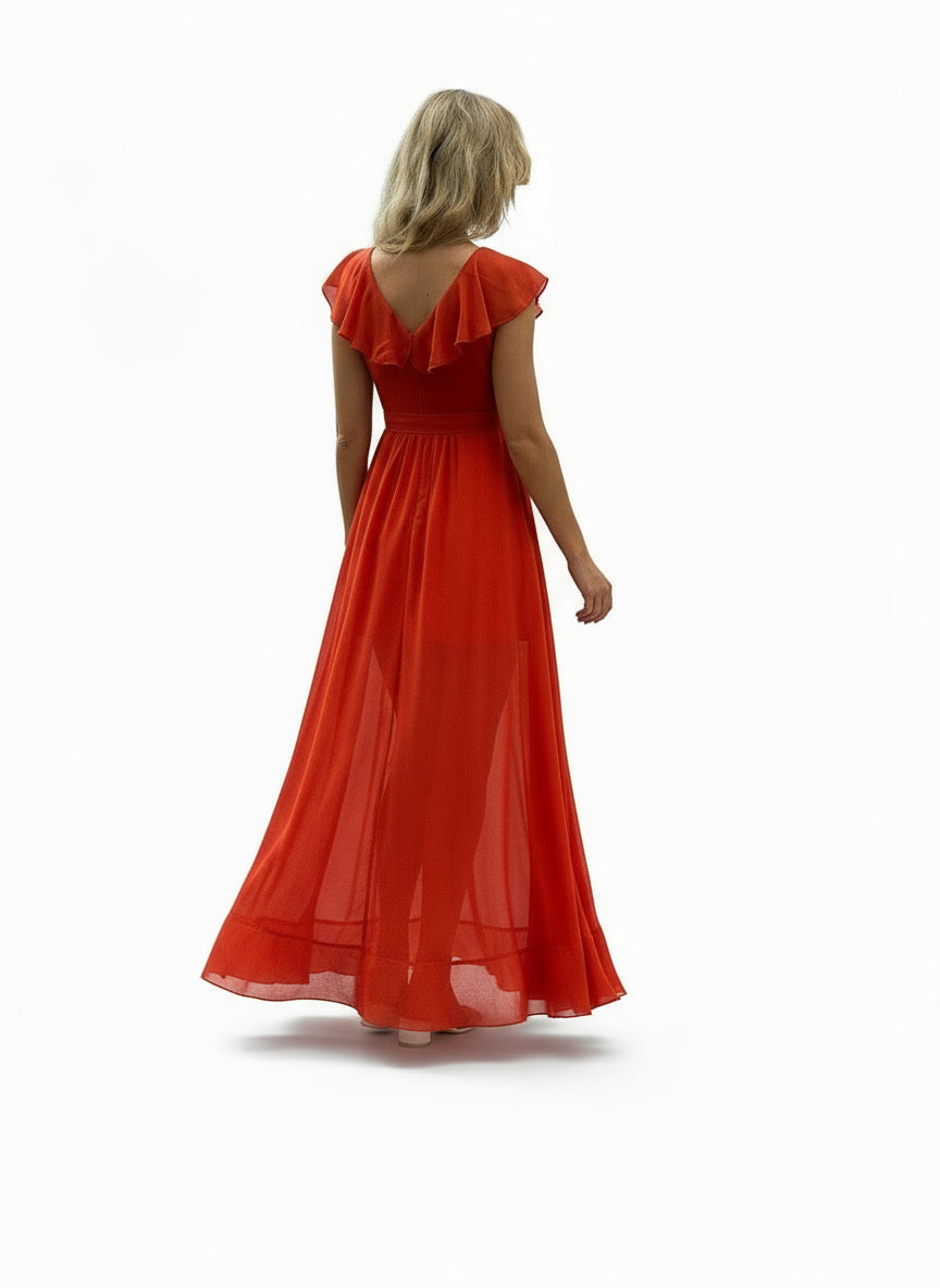 Stalluxe | Stilvolles Korallenoranges Brautjungfernkleid mit V-Ausschnitt und Volantärmeln