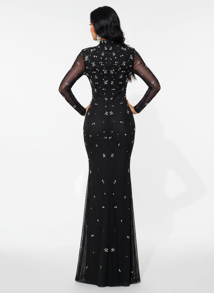 Stalluxe | Klassisches Schwarzes Abendkleid mit Strass und Stehkragen