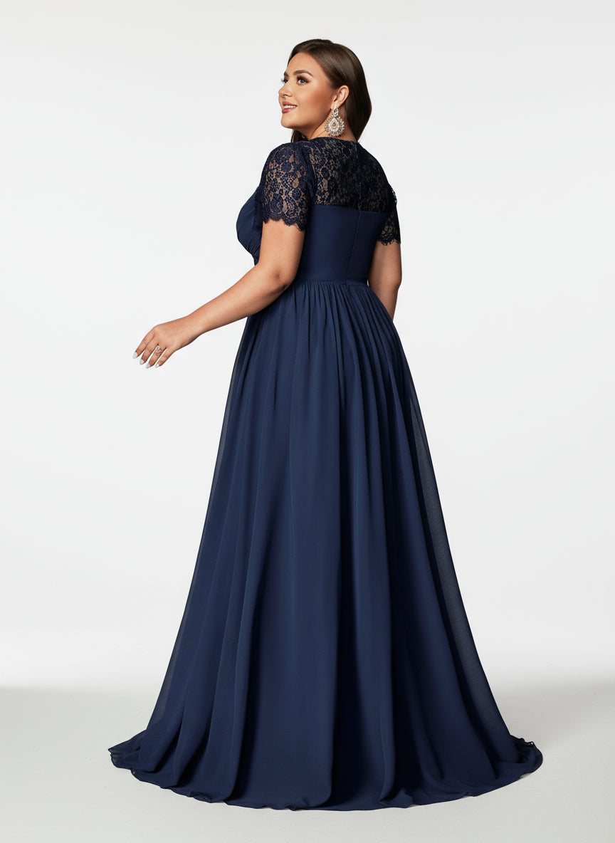 Stalluxe | Edles Marineblaues Chiffon-Abendkleid mit Spitze und Puffärmeln