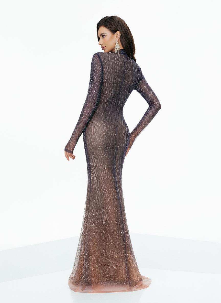 Stalluxe | Schickes Abendkleid mit Strass, Stehkragen und Langarm