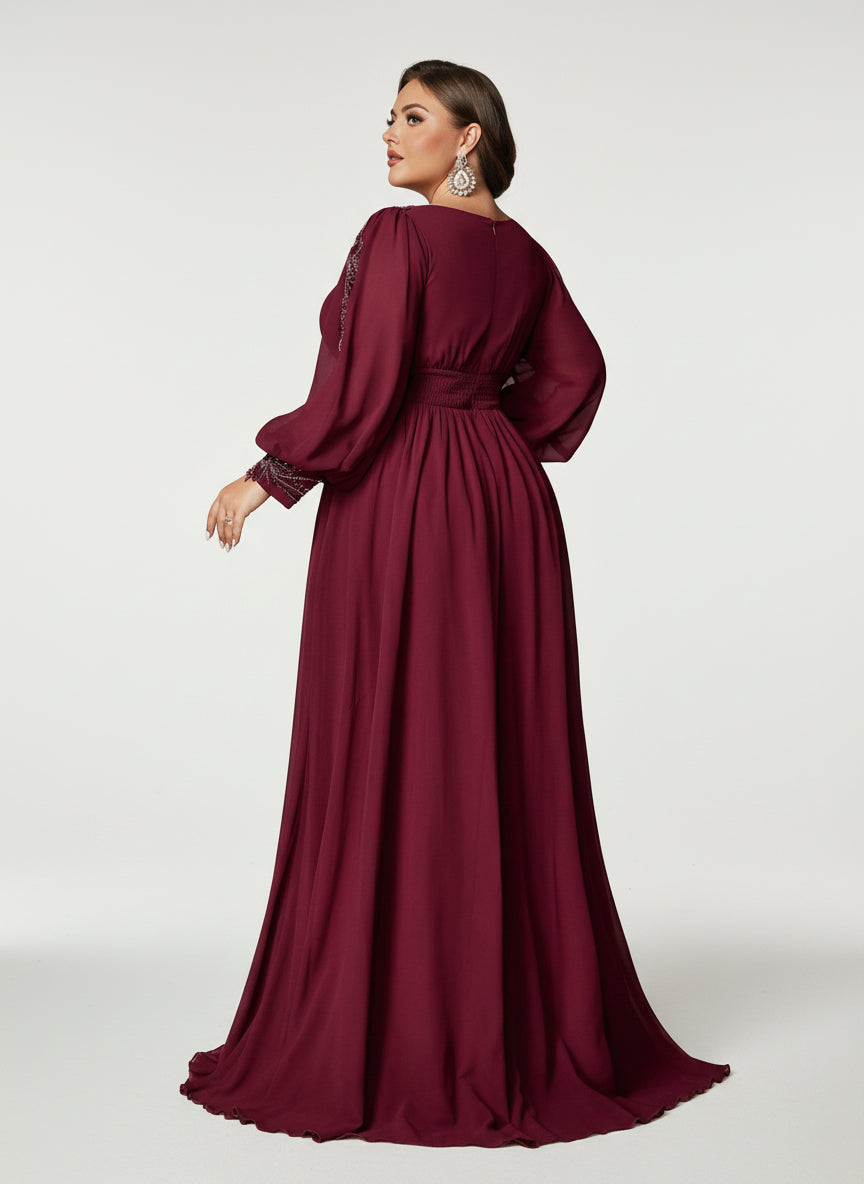Stalluxe | Würdevoll Weinrotes Chiffon-Abendkleid mit V-Ausschnitt und Langarm
