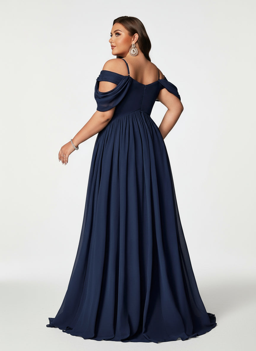 Stalluxe | Modisches Marineblaues Abendkleid aus Chiffon mit Pailletten und Schulterfreiem Design