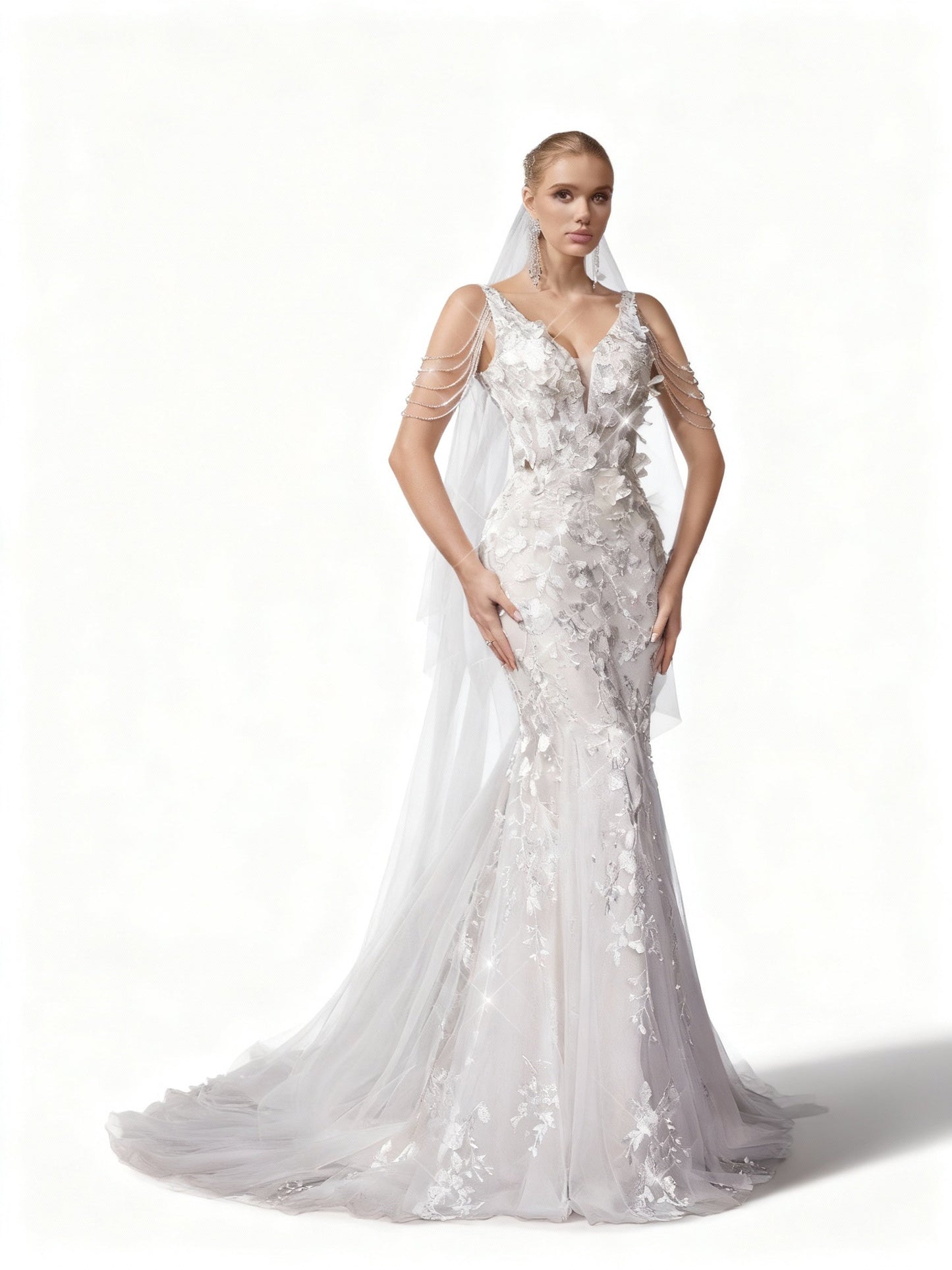 Stalluxe | Elegantes Ärmelloses Hochzeitskleid mit Mesh und Pailletten im Tiefen V-Ausschnitt