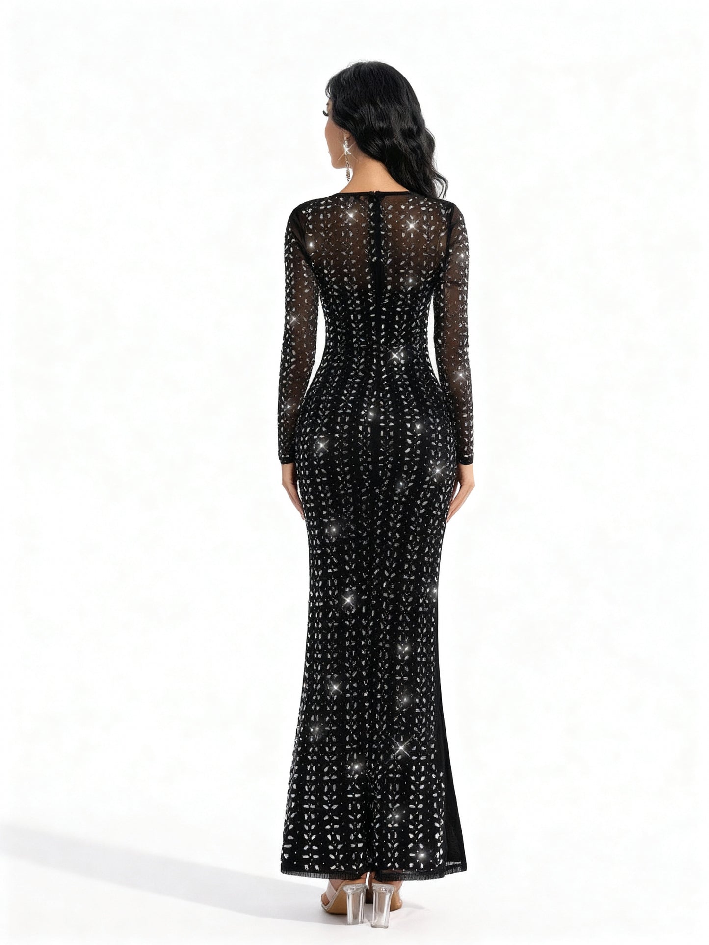 Stalluxe | Schwarzes Strasskleid mit Rundhals und Schlitz