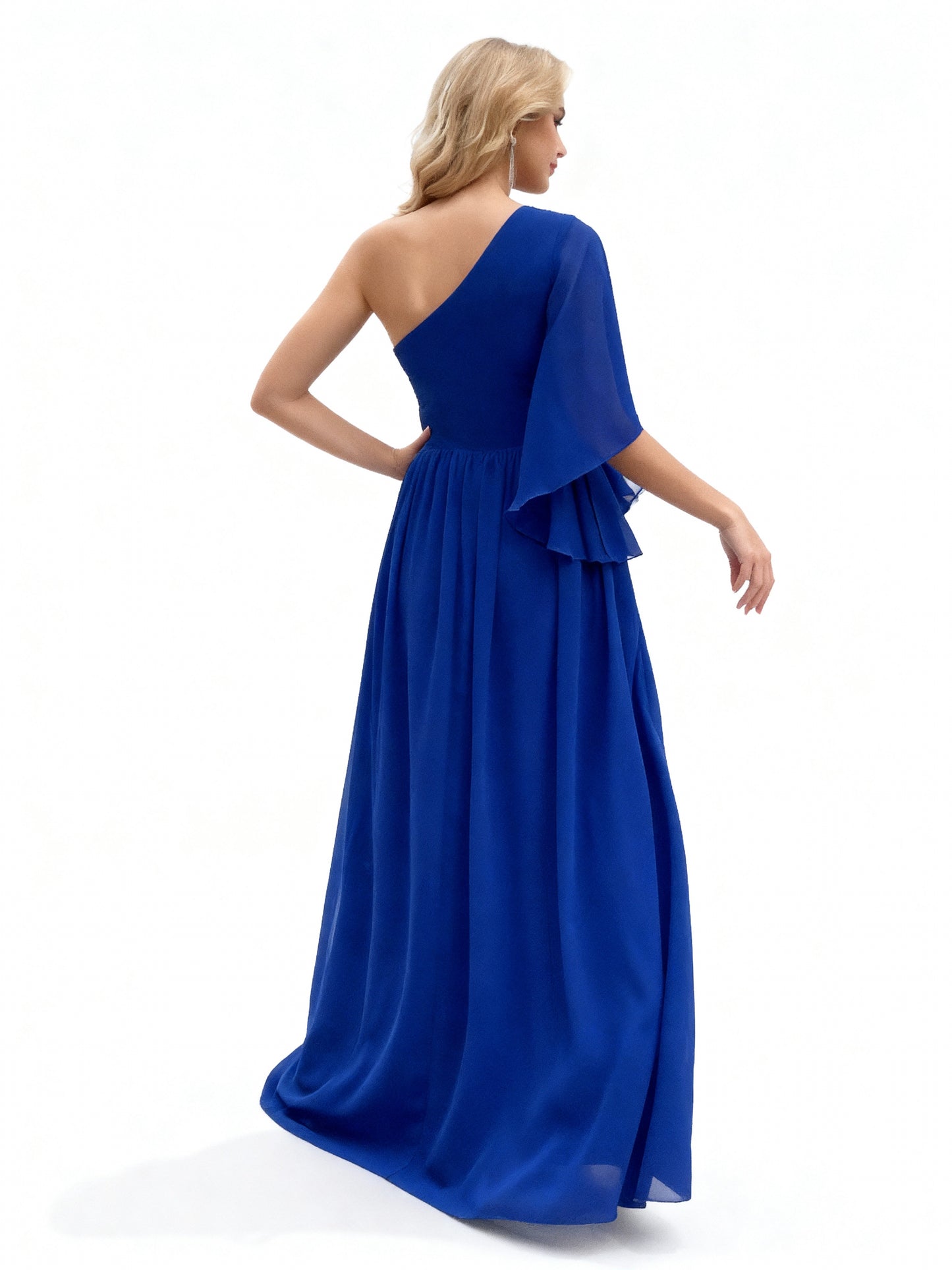 Stalluxe | Asymmetrisches Abendkleid in Schatzblau mit weiten Ärmeln und Schlitz