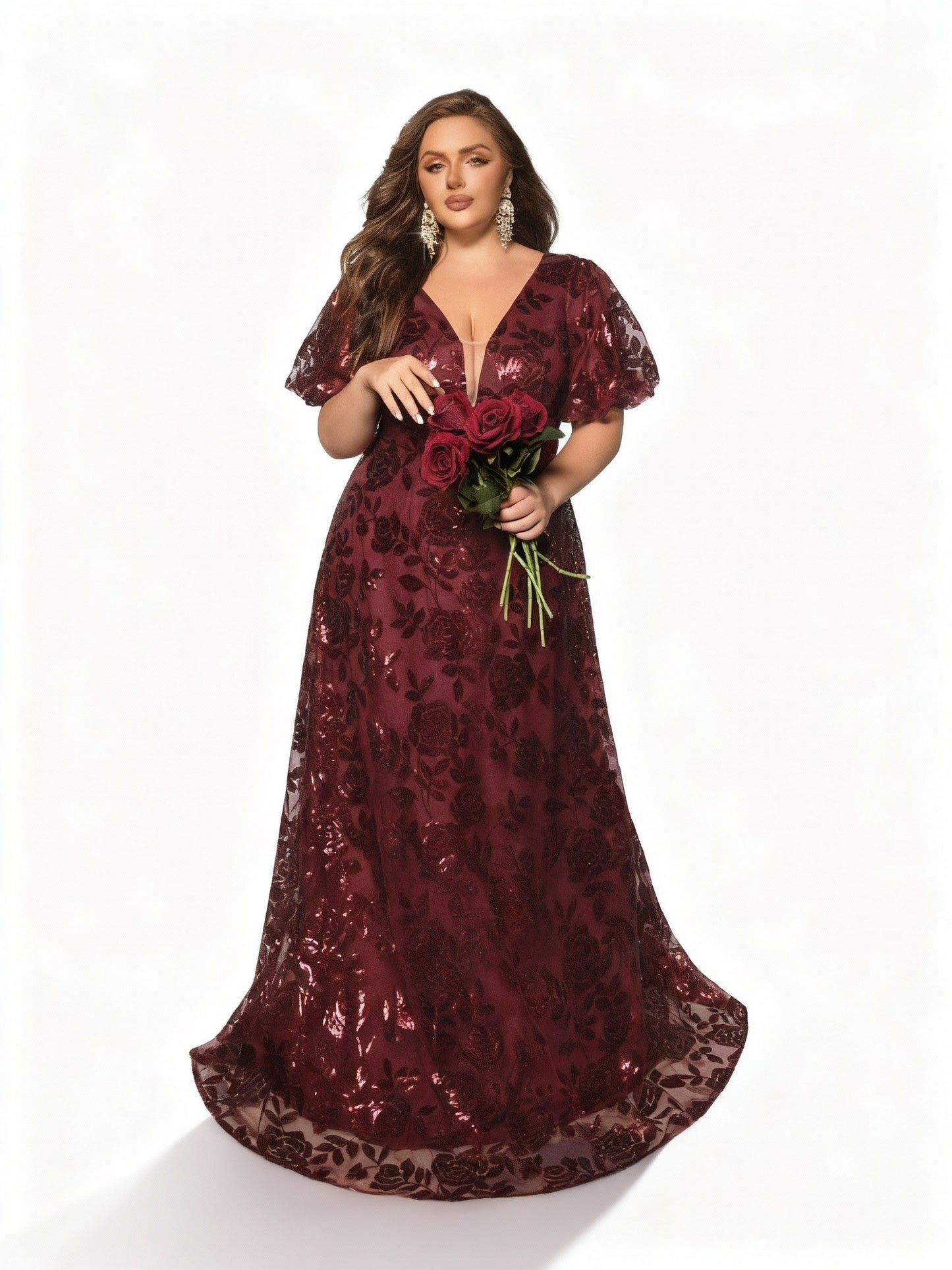 Stalluxe | Elegantes Burgunderfarbenes Abendkleid mit Perlen und Puffärmeln in Übergröße