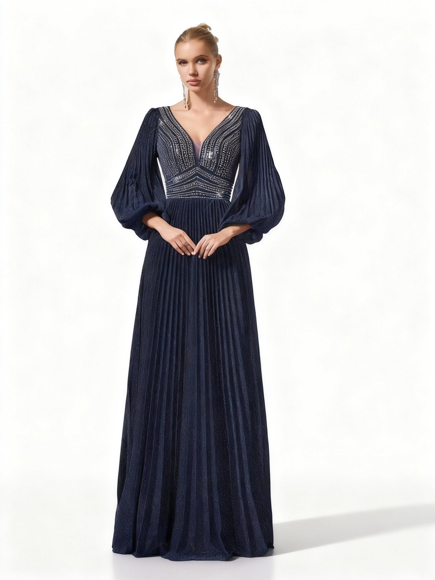 Stalluxe | Fantasievolles Blaues Abendkleid mit Strass und Laternenärmeln