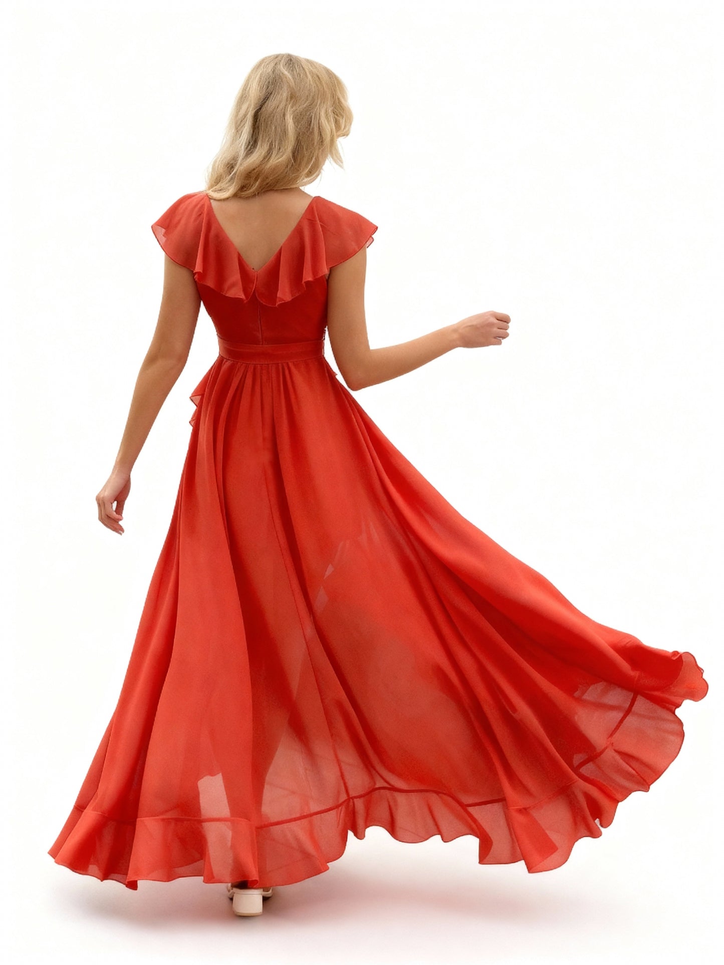 Stalluxe | Elegantes Brautjungfernkleid in Korallenorange mit V-Ausschnitt und Rüschen-Details