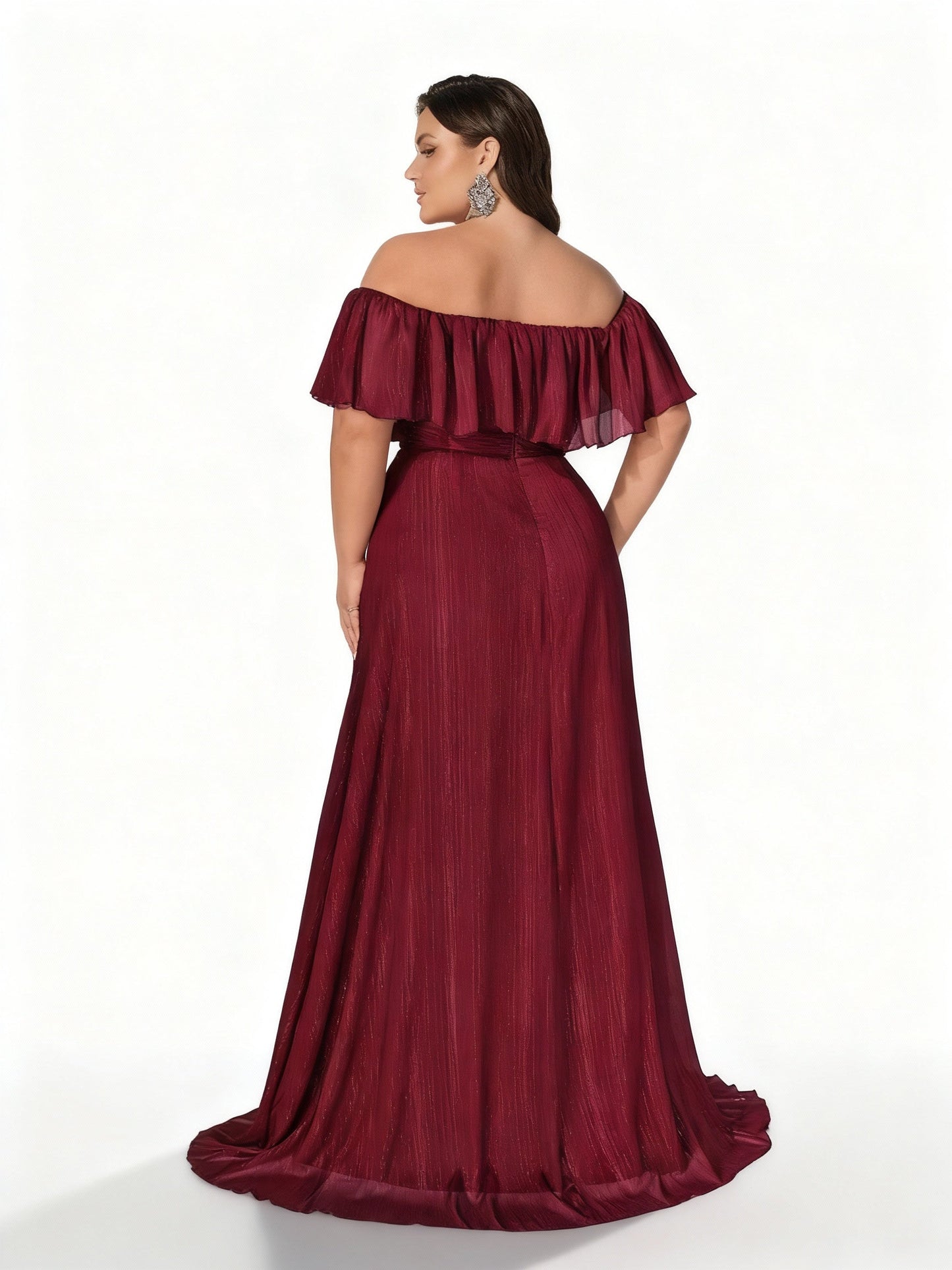 Stalluxe | Burgunderfarbenes Schulterfreies Abendkleid mit weitem Saum in Übergröße