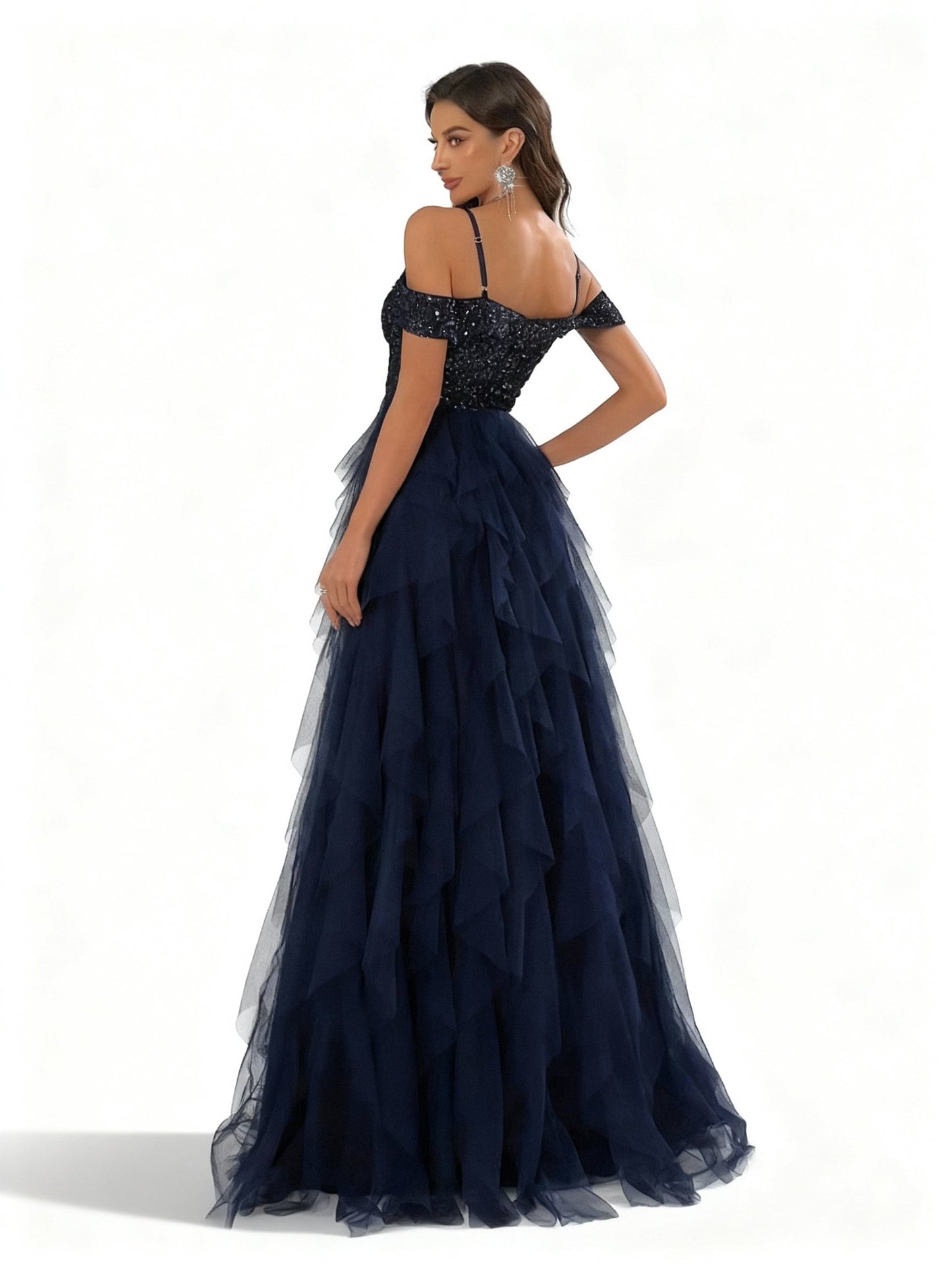 Stalluxe | Blaues Trägerloses Mesh-Abendkleid mit Falten für den Abschlussball