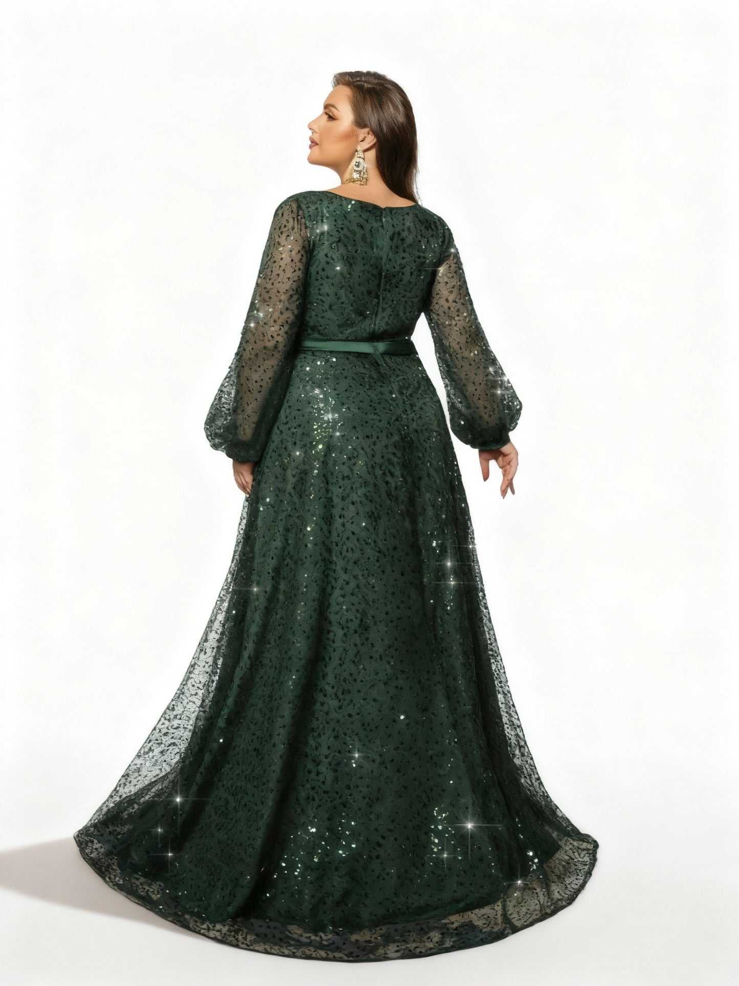 Stalluxe | Elegantes dunkelgrünes Paillettenkleid mit Laternenärmeln in Übergröße