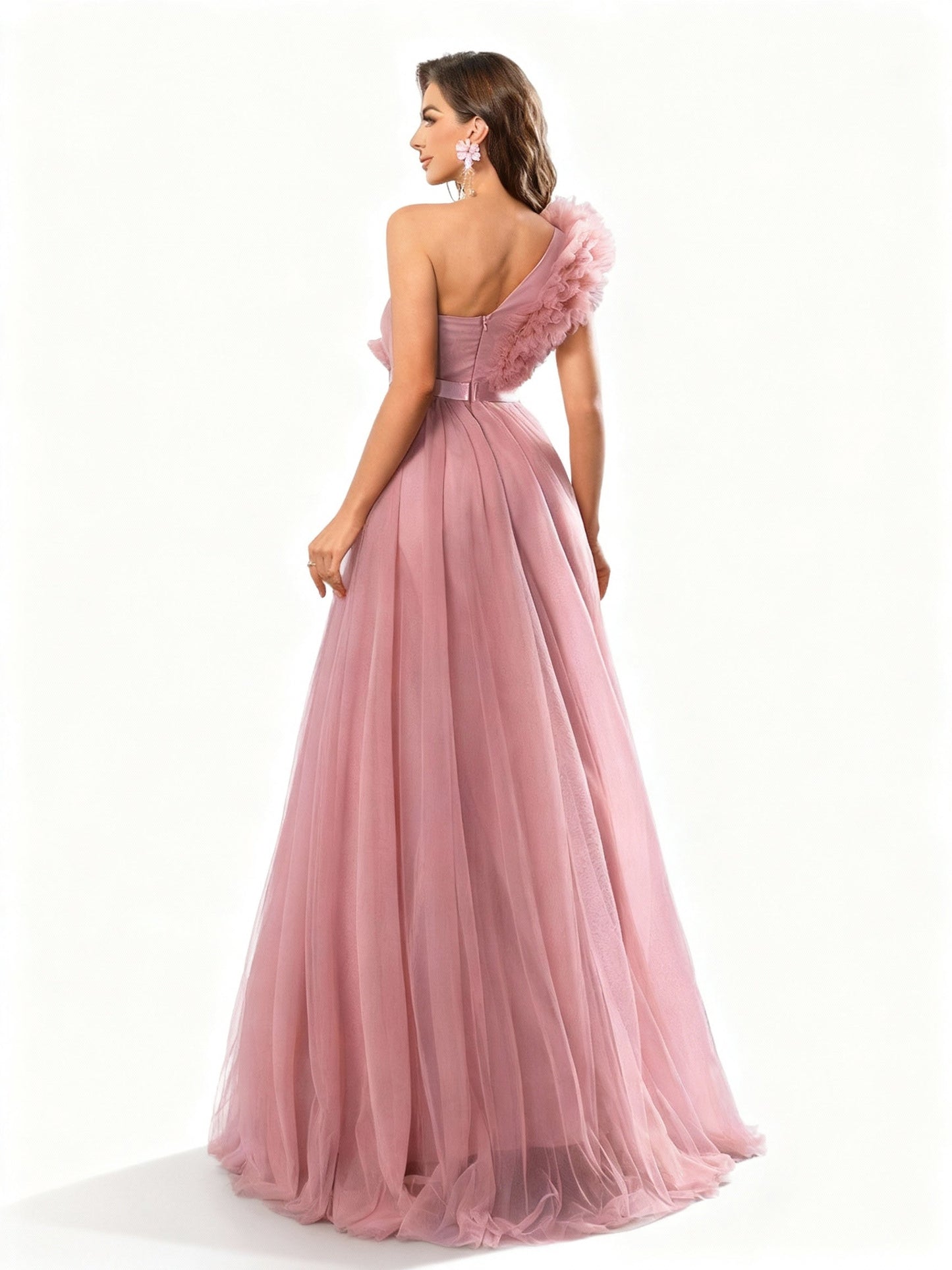 Stalluxe | Rosa Meshkleid mit Einer Schulter und Schlitz