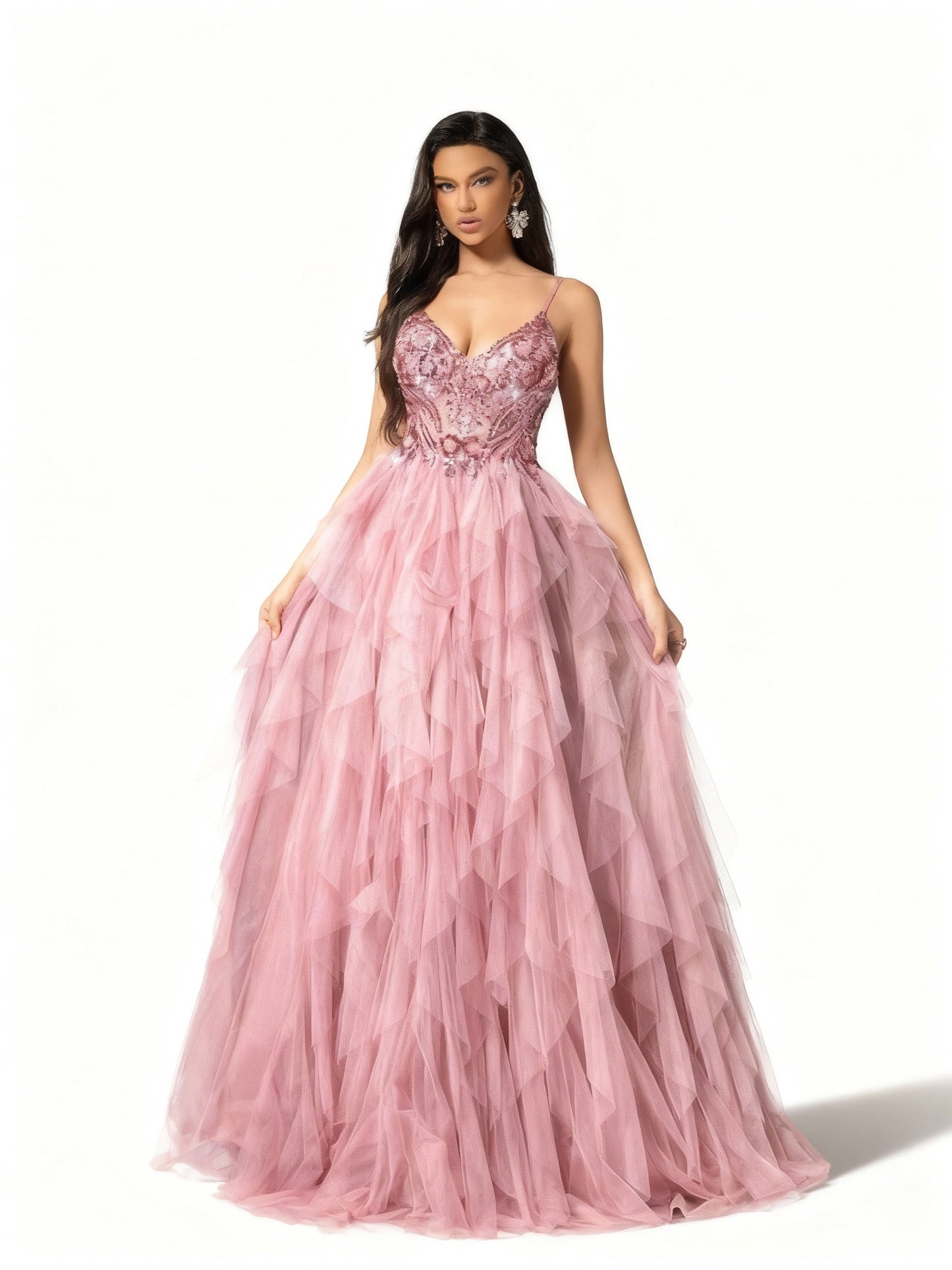 Stalluxe | Romantisches ärmelloses Kleid aus mehrlagigem Mesh mit Pailletten