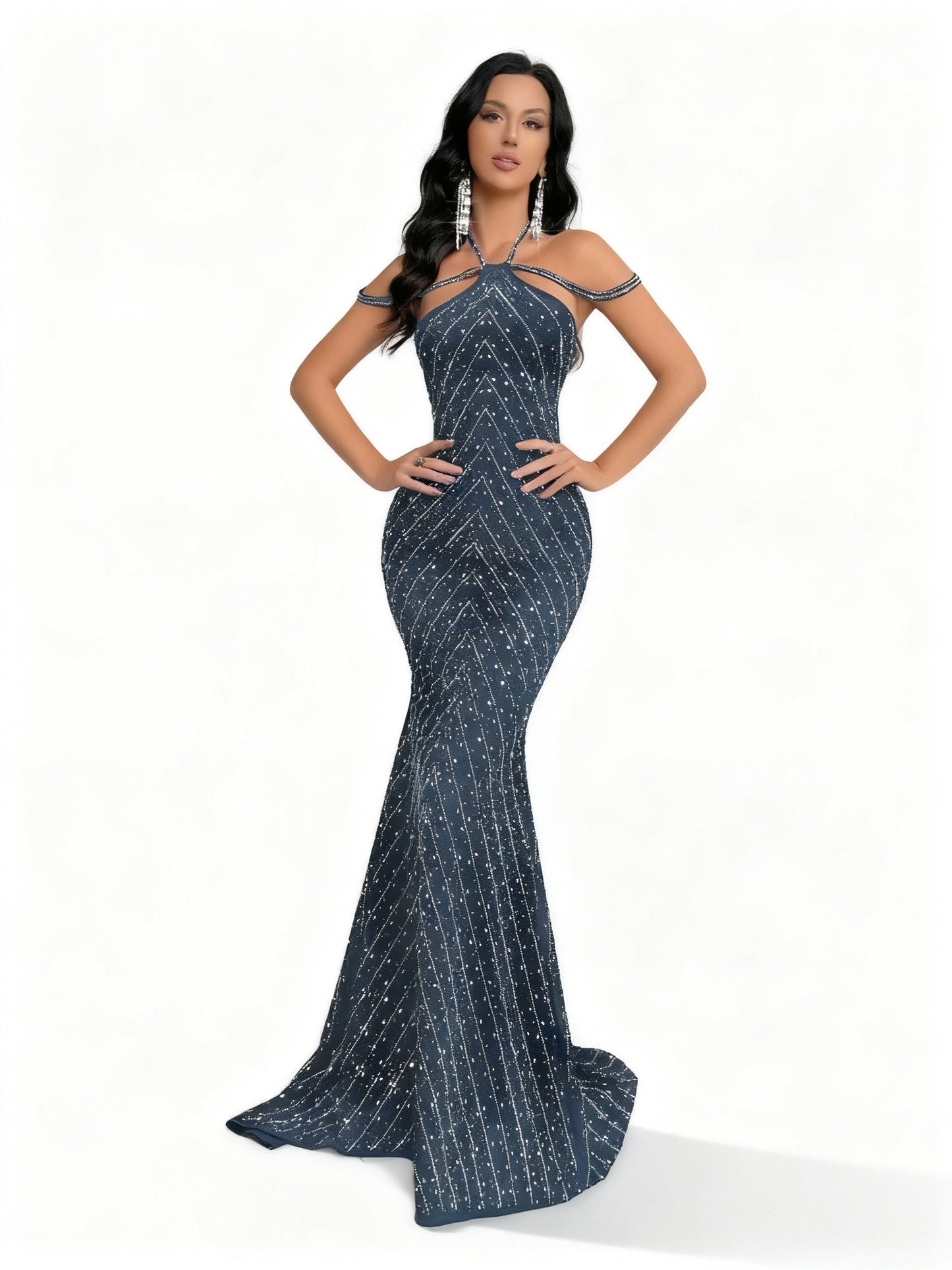 Stalluxe | Göttliches Strasskleid mit Rückenausschnitt im Meerjungfrauenstil Trübblau