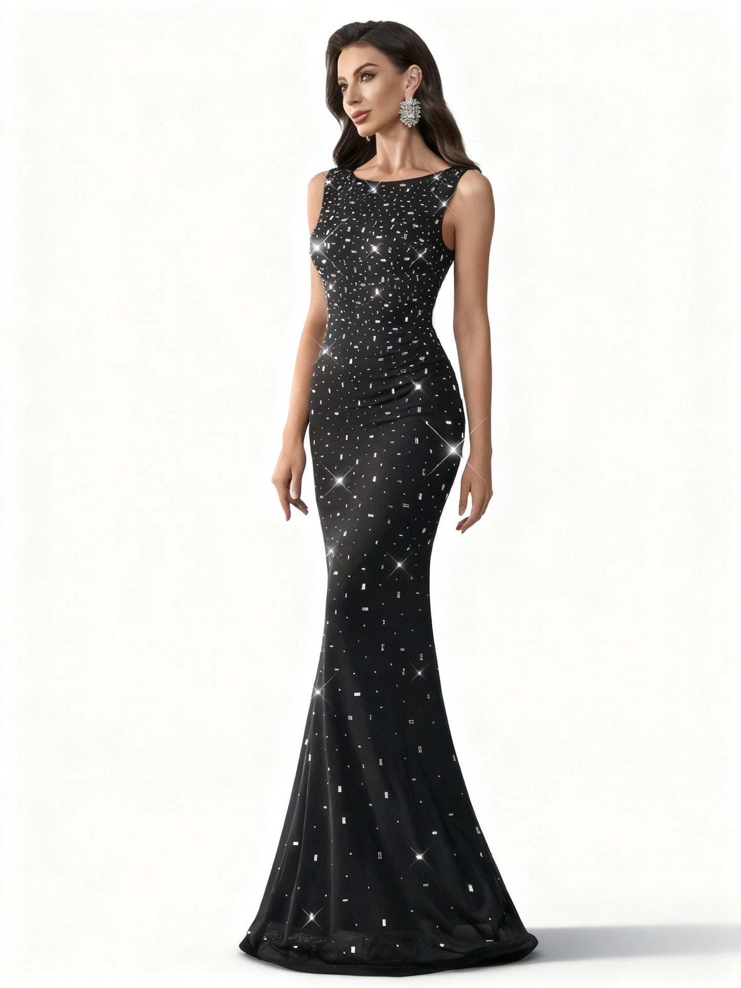 Stalluxe | Luxuriöses Strass-Abendkleid ohne Ärmel mit Rundhalsausschnitt