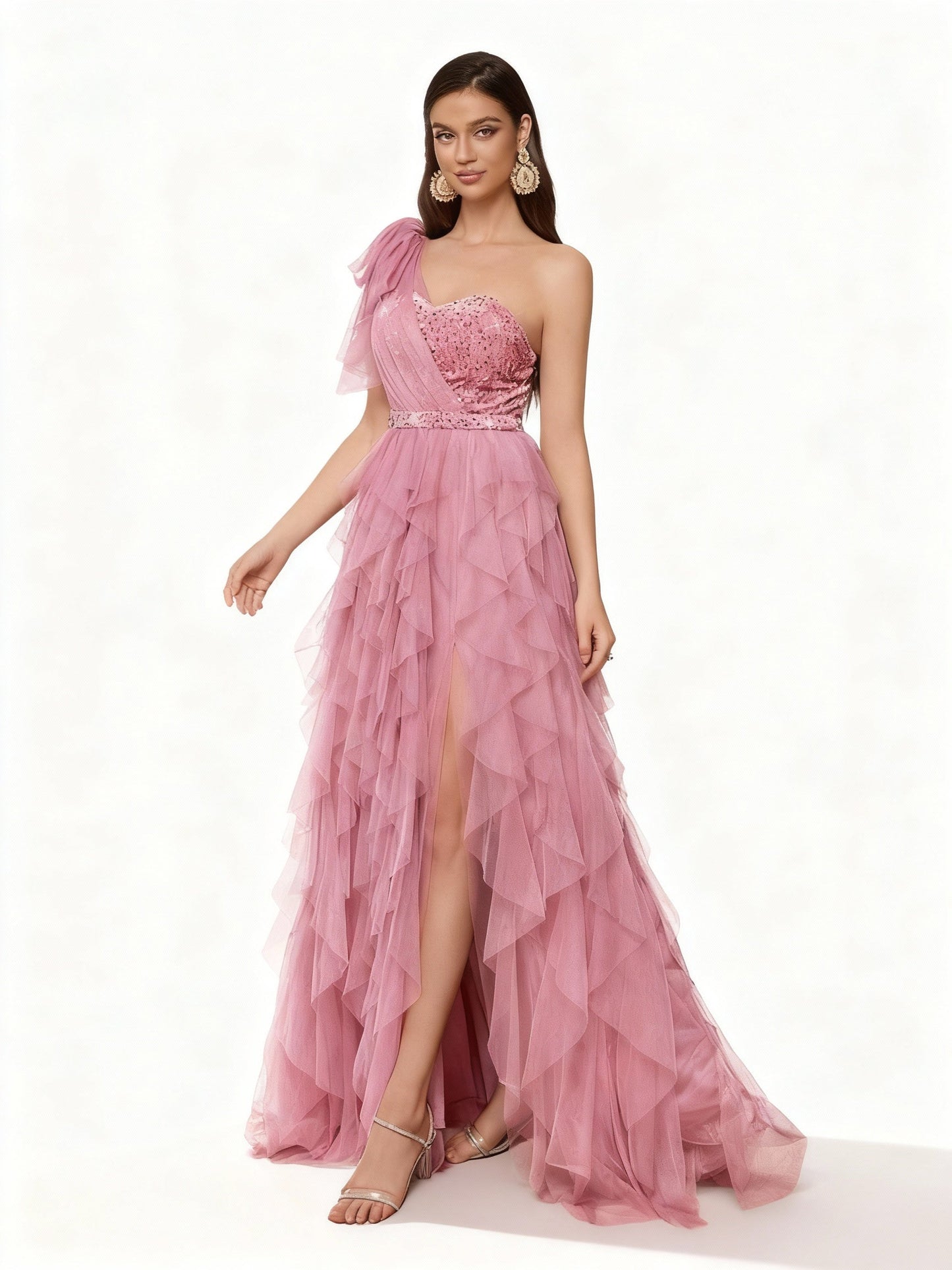 Stalluxe | Romantisches Pink Pailletten Mesh Hoher Schlitz Abendkleid