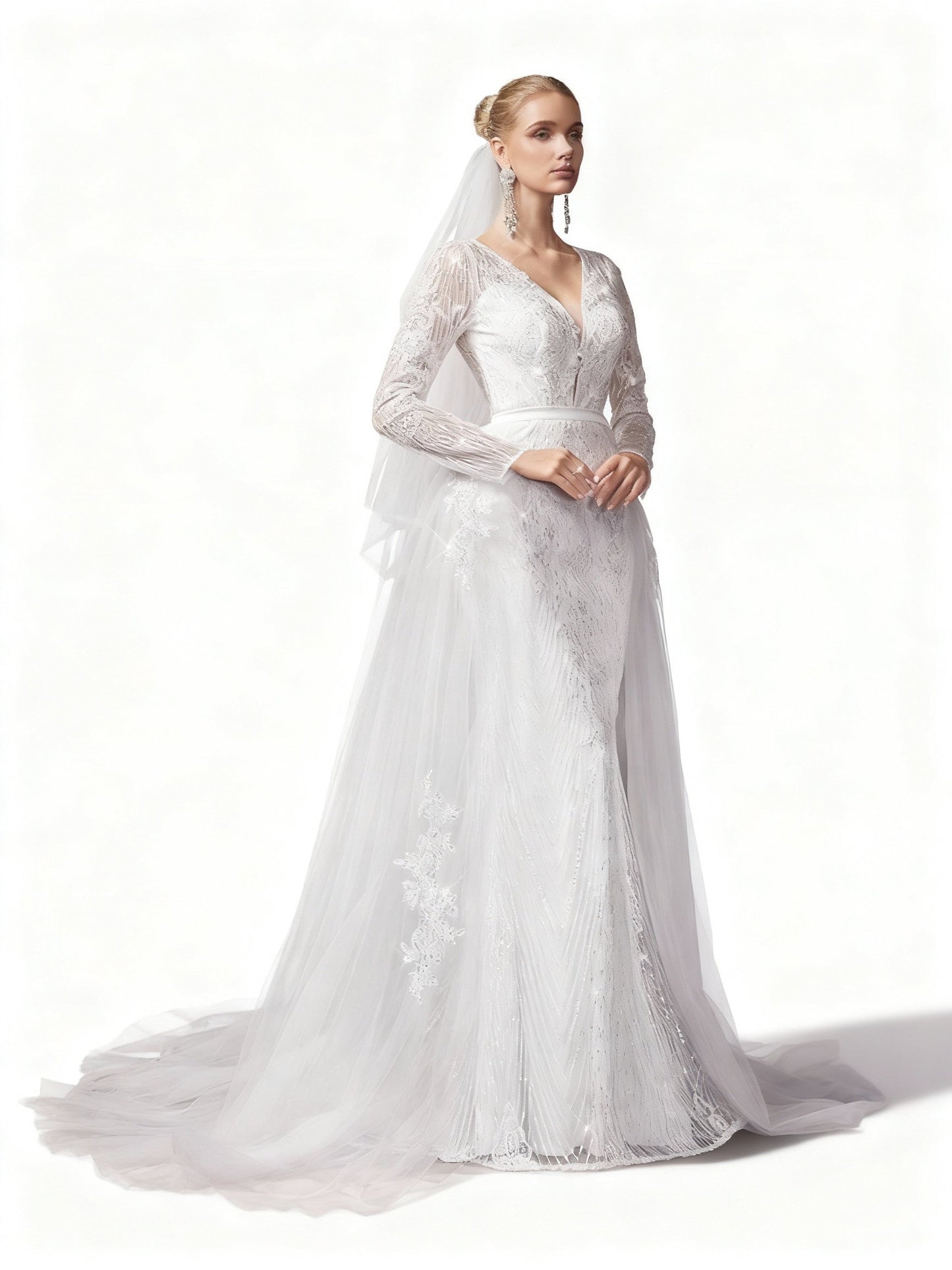 Stalluxe | Elegantes Weißes Spitzen-Brautkleid mit Mesh und Schleier