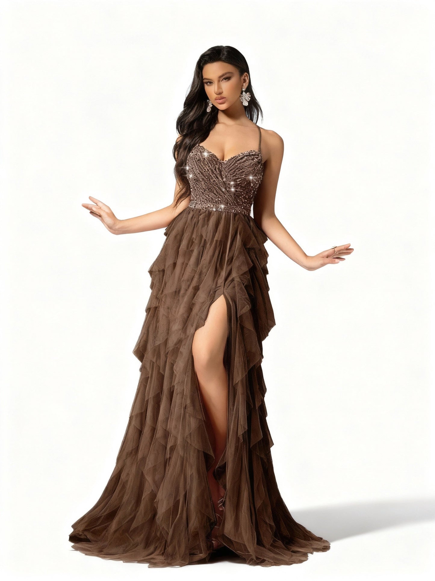 Stalluxe | Romantisches Rückenkleid aus Mesh und Pailletten Kaffeebraun