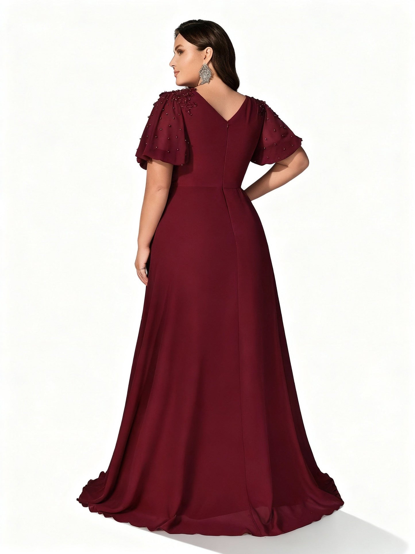 Stalluxe | Klassisches Burgunderrotes Chiffon-Abendkleid mit Tiefem V-Ausschnitt und Volantärmeln
