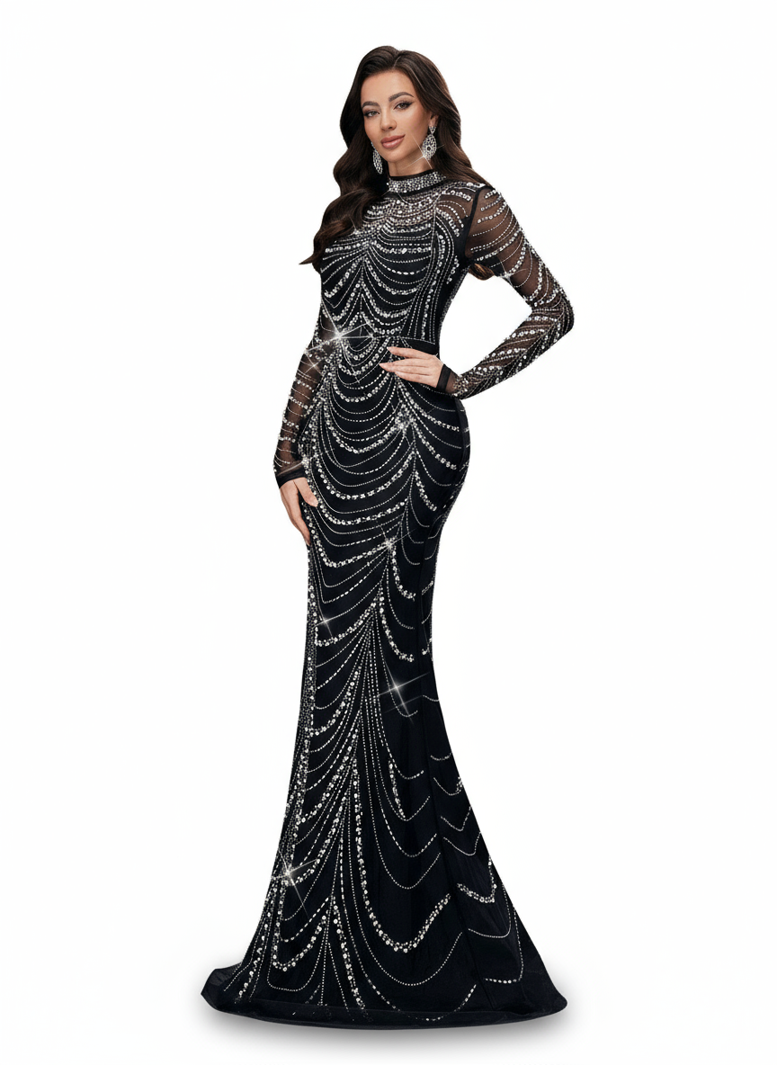 Stalluxe | Elegantes Schwarzes Abendkleid mit Strass, Stehkragen und Schlitz