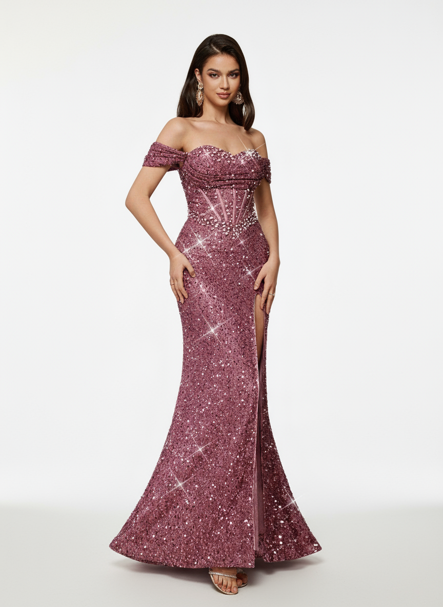 Stalluxe | Romantisches Pink Trägerloses Pailletten Perlen Abendkleid