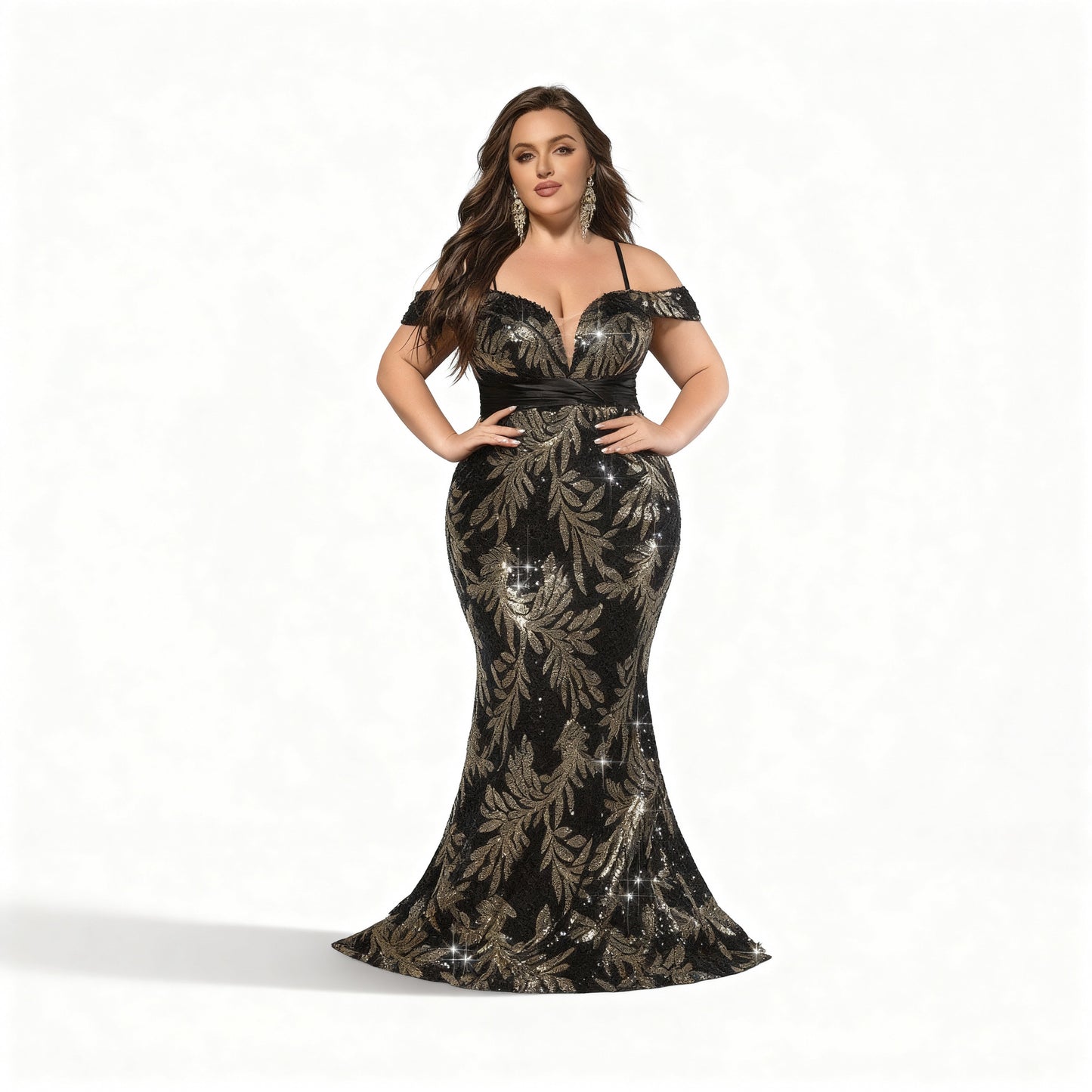 Stalluxe | Klassisches Schwarzes Abendkleid mit Perlen und Blumenmuster im Meerjungfrauenstil