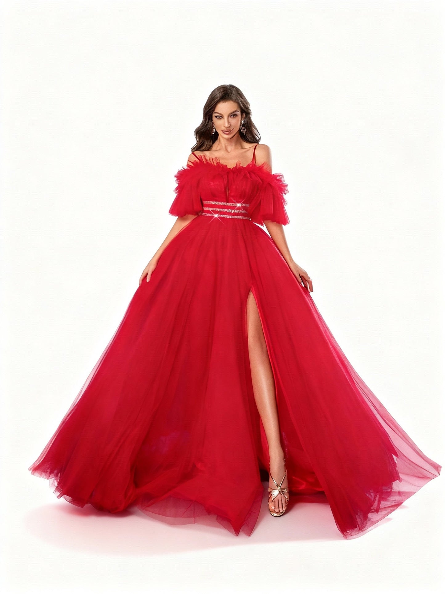 Stalluxe | Atemberaubendes rotes trägerloses Kleid mit Mesh-Schlitz