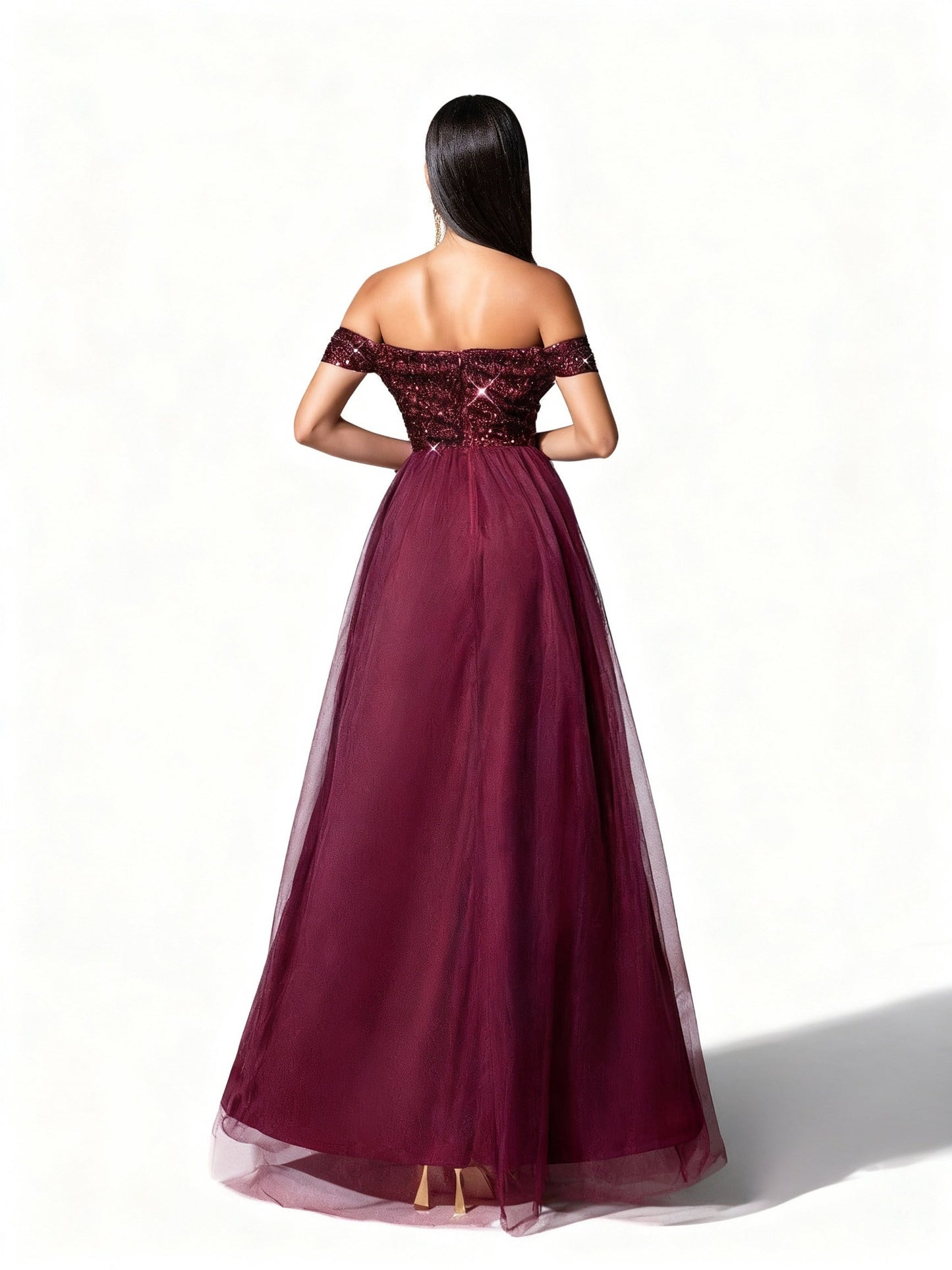 Stalluxe | Burgunderfarbenes Einseitiges Paillettenkleid aus Mesh