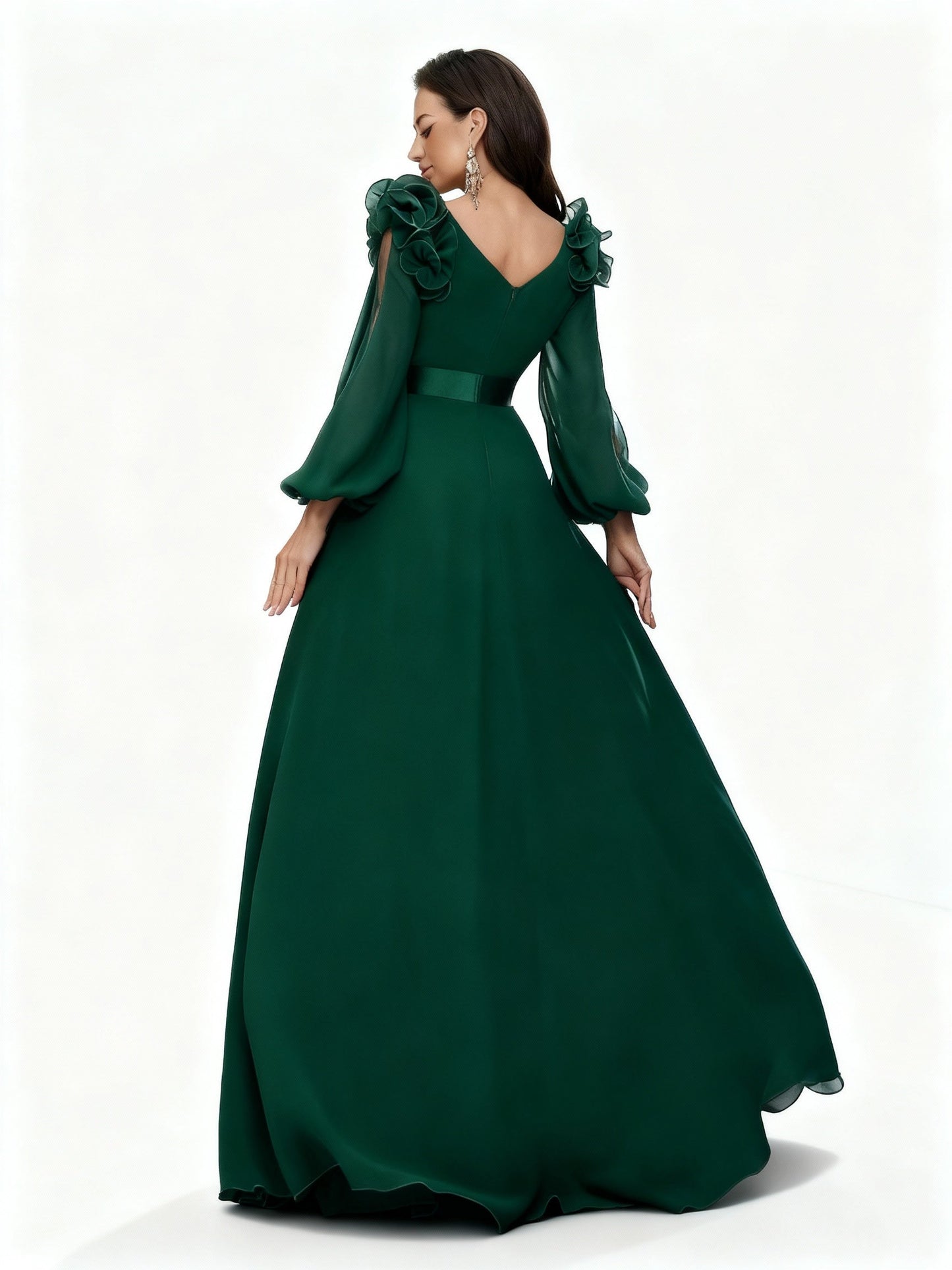 Stalluxe | Dunkelgrünes Chiffonkleid mit Laternenärmeln in Maxilänge