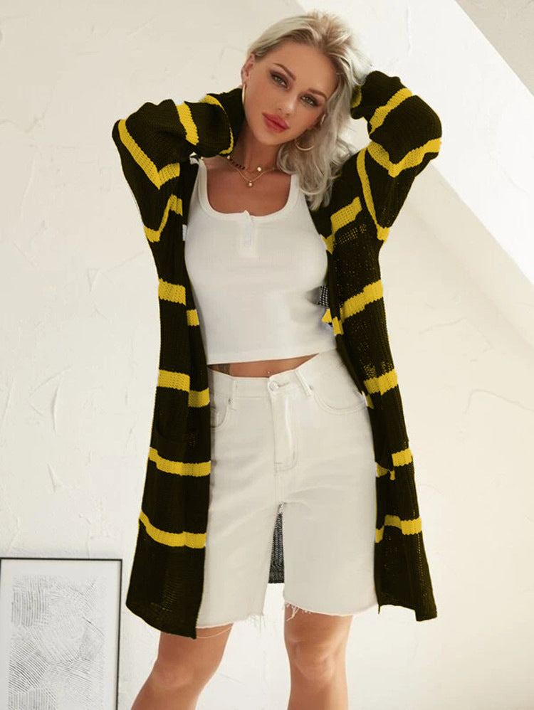 Damen Langer Strickcardigan mit Streifenmuster und offenem Design Stalluxe