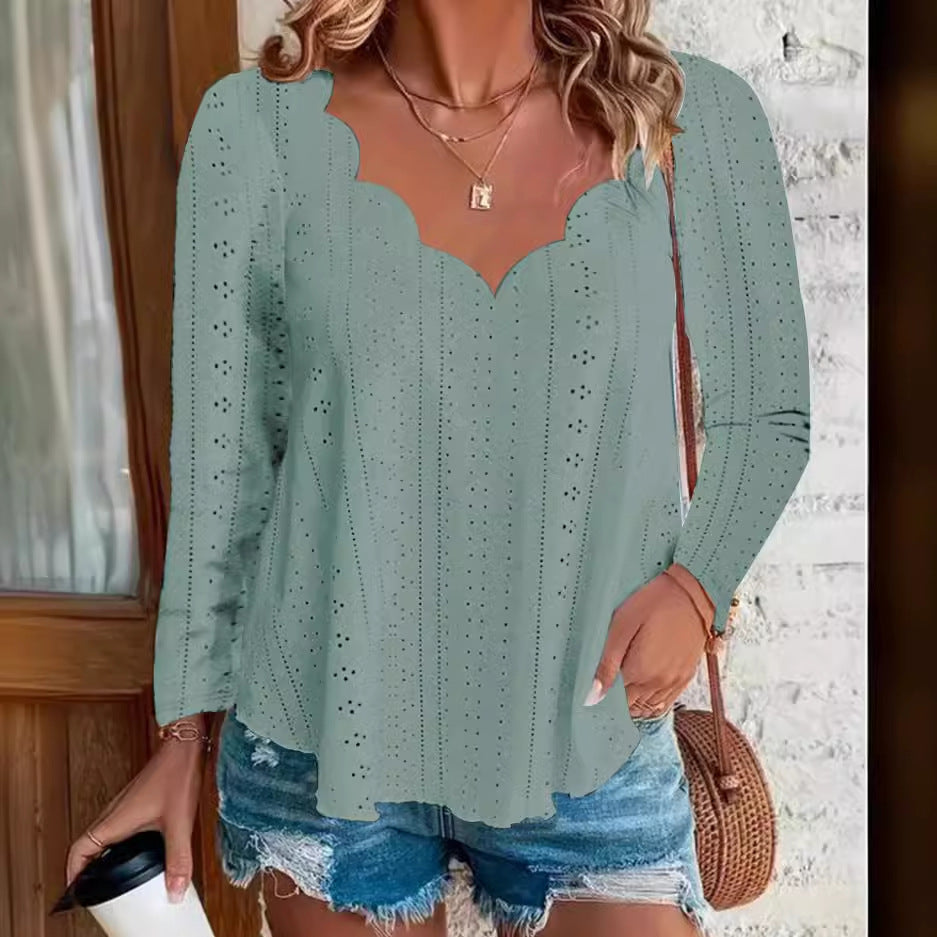 Damen luftiges Blusenshirt mit modernen Lochmuster und elegantem Ausschnitt Stalluxe