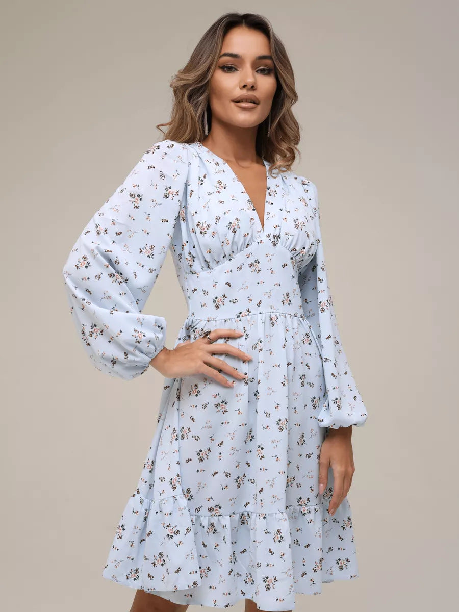Damen elegantes Wickelkleid mit voluminösen Ärmeln und floralem Design Stalluxe