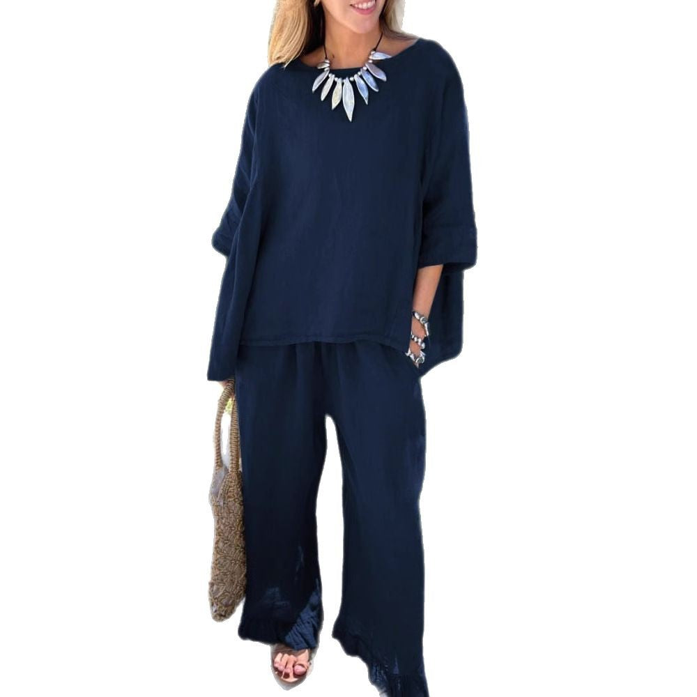 Damen lässiges Leinen-Outfit mit weitem Schnitt und angeschnittenen Ärmeln Stalluxe