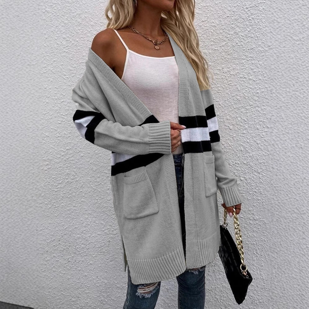 Damen Offene Strickjacke mit modernem Streifenmuster und praktischen Taschen Stalluxe