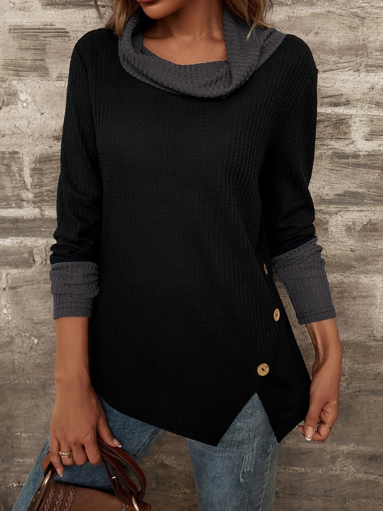 Damen Modischer Pullover mit hohem Kragen und gestreiften Ärmeln Stalluxe