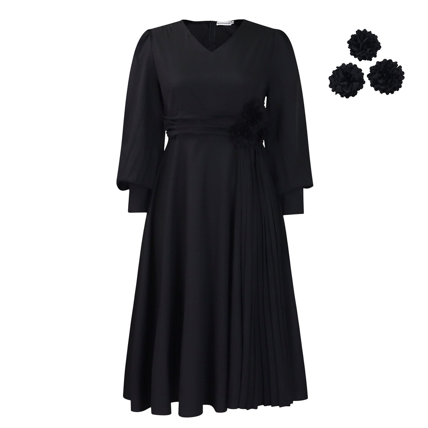 Damen elegantes Kleid mit dekorativem Blumenakzent und Faltenwurf Stalluxe