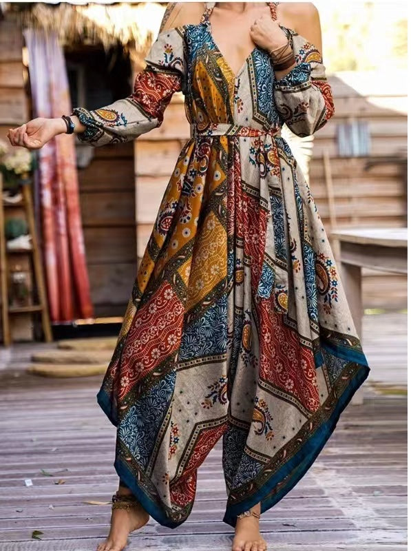 Damen Maxi-Kleid im Boho-Stil mit Cut-Out-Ärmeln und floralen Mustern Stalluxe