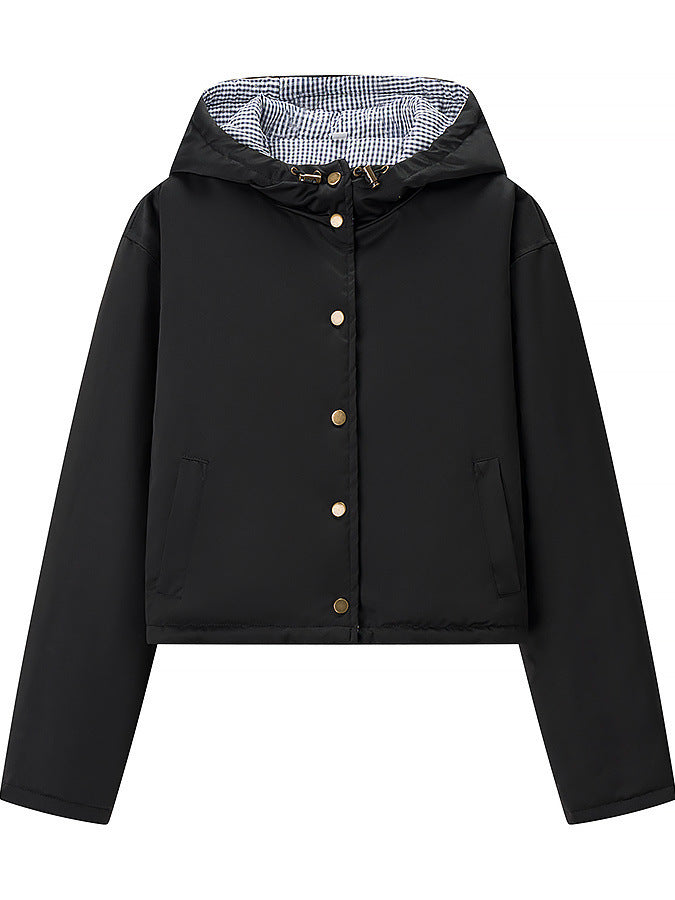 Damen stylische Übergangsjacke mit Kapuze und Druckknopfverschluss Stalluxe