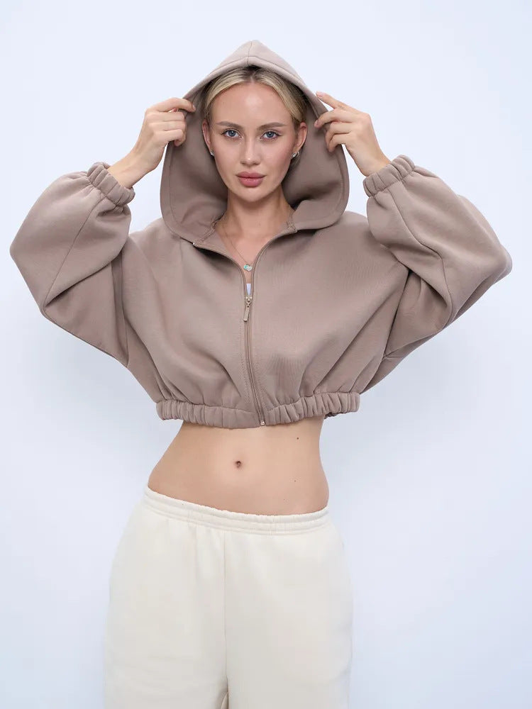 Damen cropped Kapuzenpullover mit voluminösen Ärmeln Stalluxe
