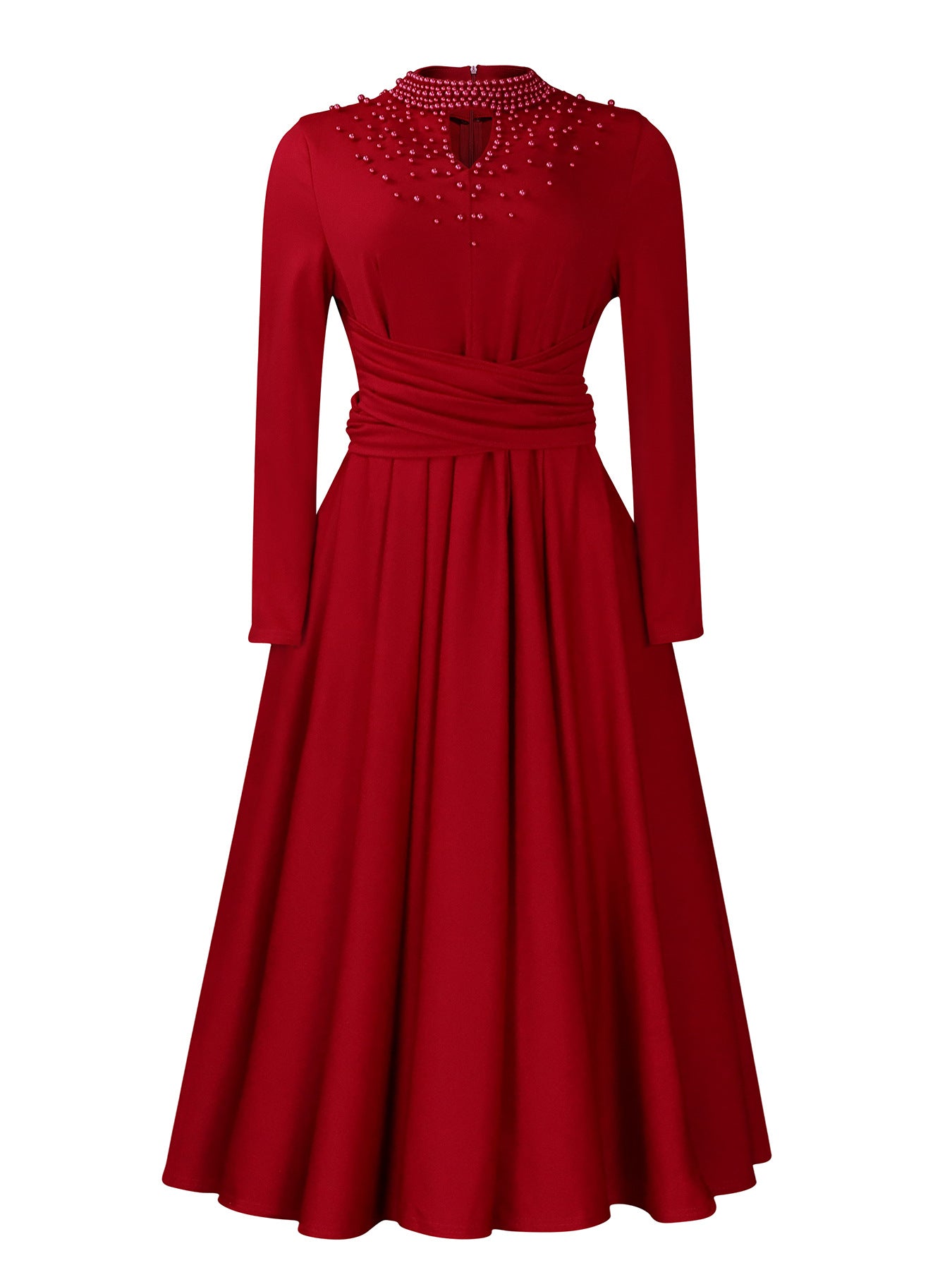 Damen Elegantes Kleid mit dekorativem Perlenbesatz und Wickeldesign Stalluxe