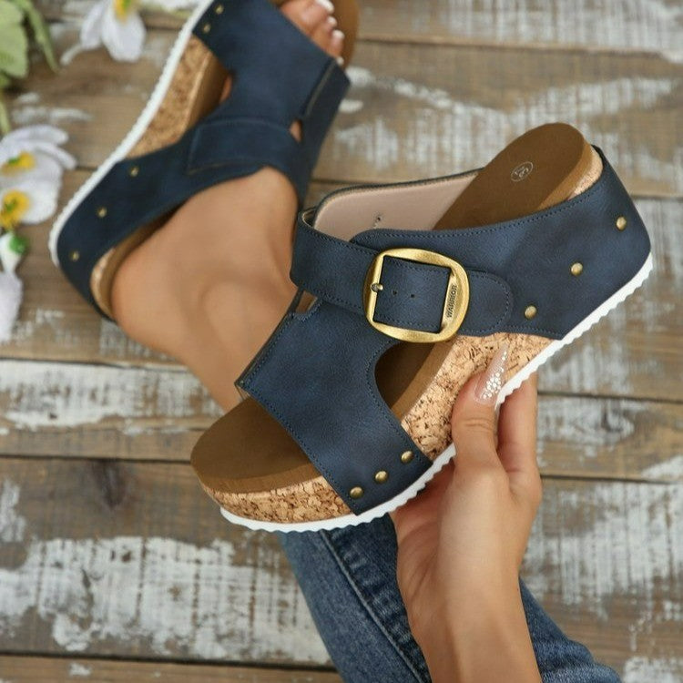 Damen Komfortable Keil-Sandalen mit verstellbarem Riemen und Korksohle Stalluxe