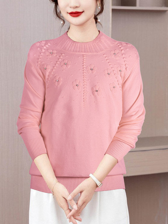 Damen Eleganter Strickpullover mit floralem Muster und Rundhalsausschnitt Stalluxe